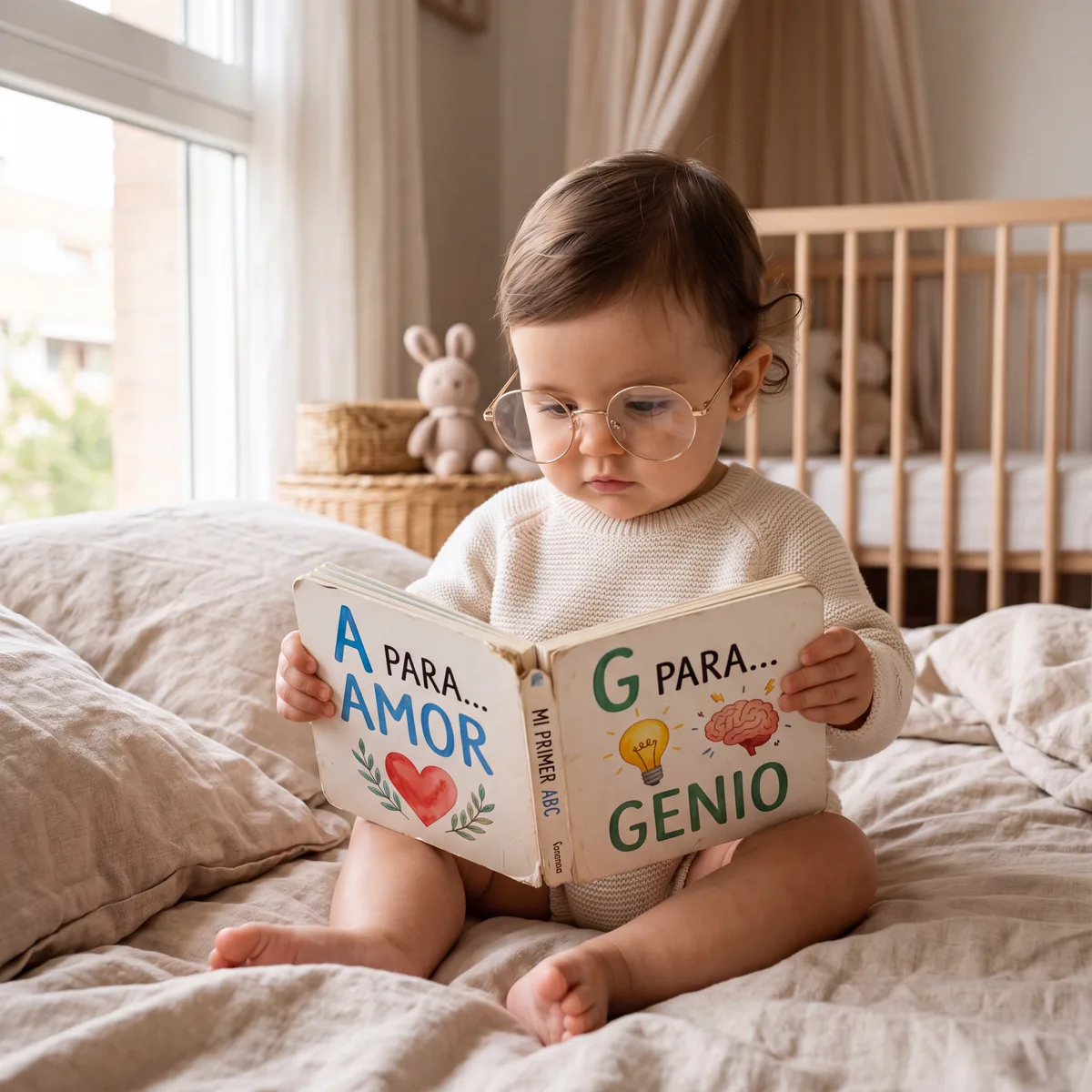 Bebé con lentes leyendo El Diario del Mini Genio